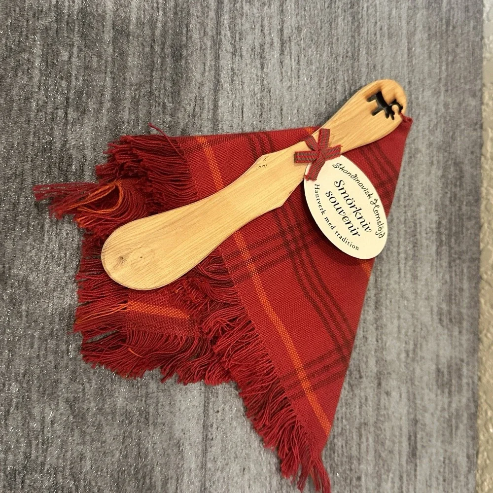 Swedish Wood Butter Knife and Red Towel Set New
